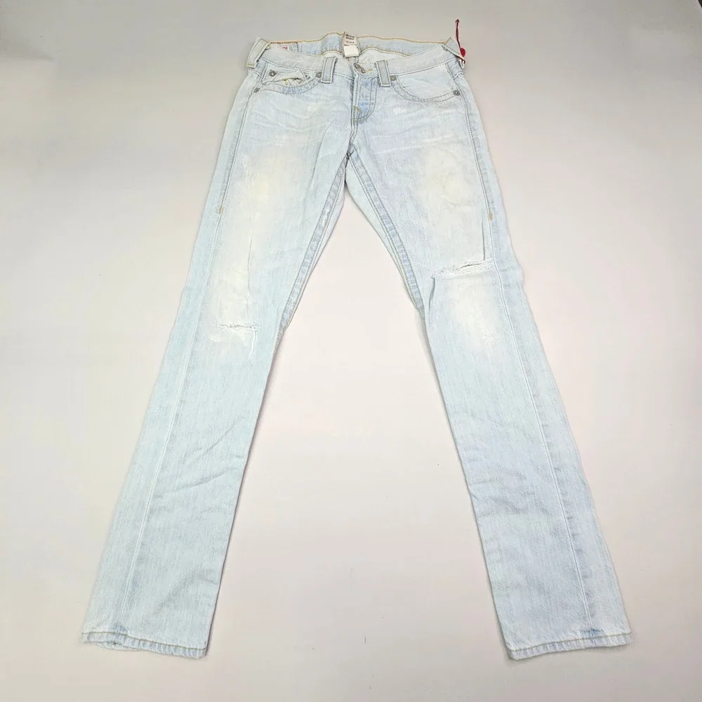 True Religion Ricky Super T Jeans Mens 24 Light Wash Blue Distressed Straight
